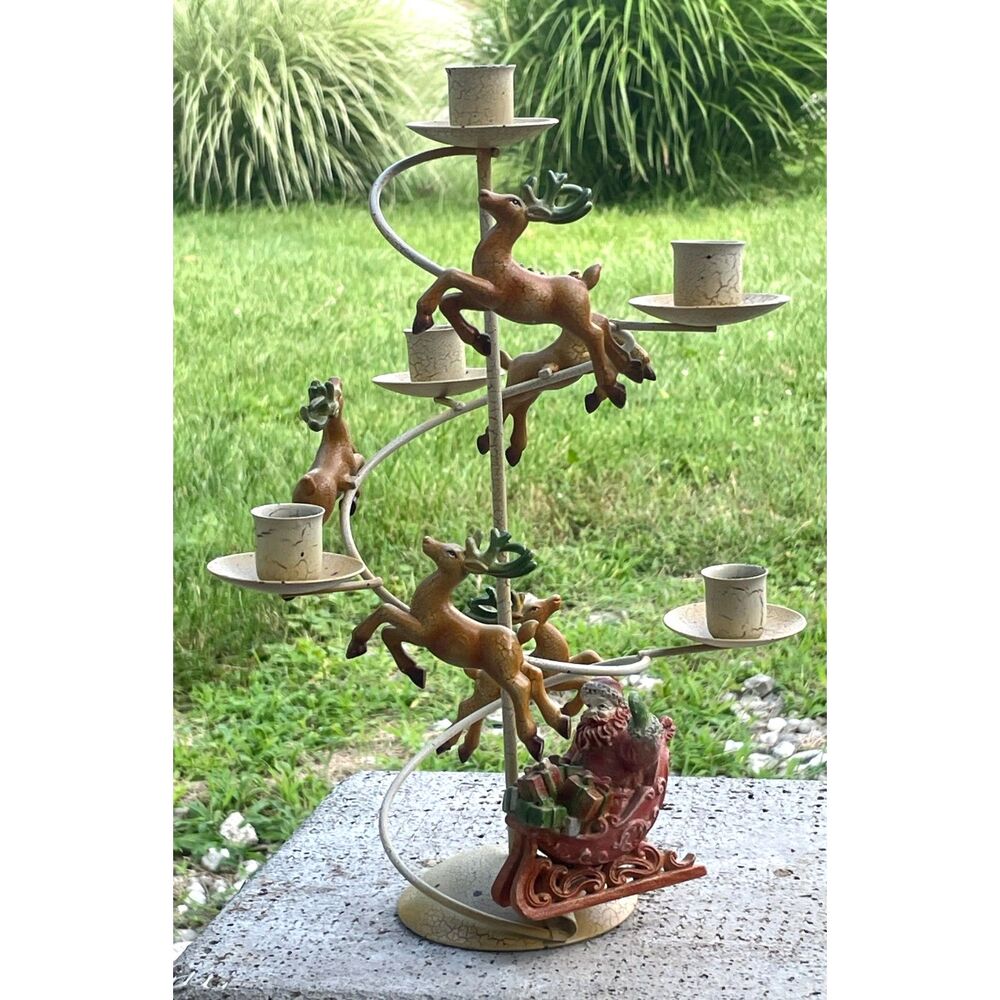 VTG Santa Sleigh Reindeer 6 Light Taper Candle Holder Metal Christmas Candelabra